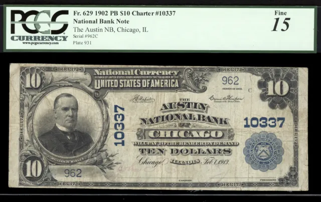 $10 1902 Austin National Bank of Chicago CH 10337  TOUGHER CHICAGO NATIONAL