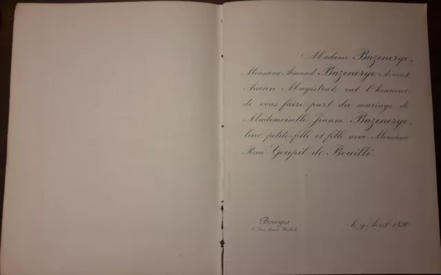 1890 Faire-part mariage René GOUPIL de BOUILLÉ & Jeanne BAZENERYE - Bourgueil. 2