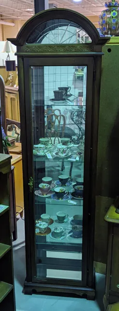 Beautiful Mirrored Back, Rounded Crown Curio Cabinet - Glass Shelves