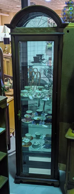 Beautiful Mirrored Back, Rounded Crown Curio Cabinet - Glass Shelves