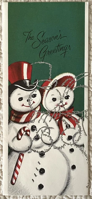 Unused Christmas Snowman Couple Silver Candy Cane Paper Vtg Greeting Card 1960s