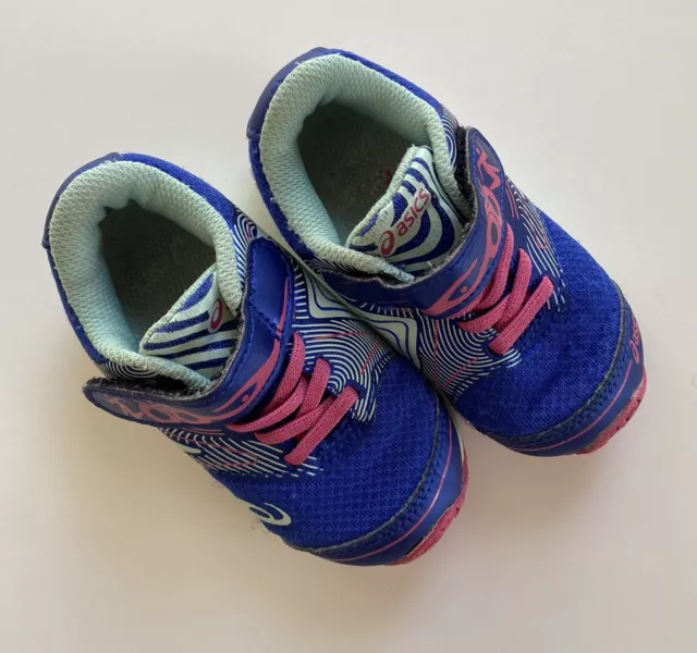 Asics kids girls size US 6/EUR 22.5 blue pink pull on sneakers shoes, VGUC