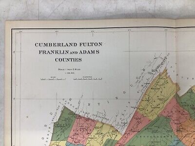 1901 Colored Map Of Cumberland, Fulton, Franklin, & Adams Counties, PA 19 x 27” 2