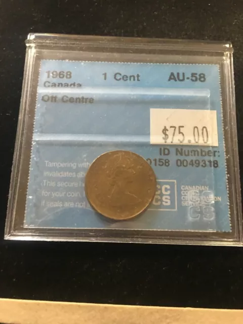 1968  ERROR, Off Center Strike  CCCS Graded Canadian, Small One Cent,**AU-58**