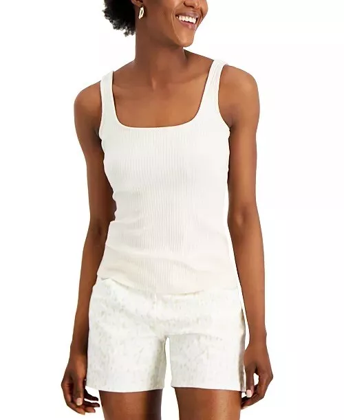 INC International Concepts Womens Square Neck Rib Tank Top Sz L Large White New