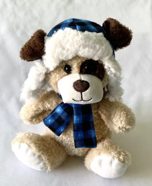 Hugfun - Puppy Dog Plush, Stuffed Animal Toy, Cream/Brown w/Blue Plaid Hat/Scarf