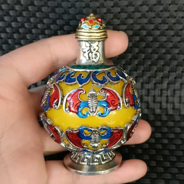 Exquisite Handmade Chinese Bronze Snuff Bottle with Small Bat Design