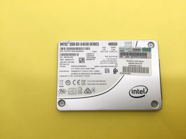 SSDSC2KB480G8 Intel D3-S4510 Serie 480GB SATA 6Gb/S 2.5 " SSD HPE P09008-001