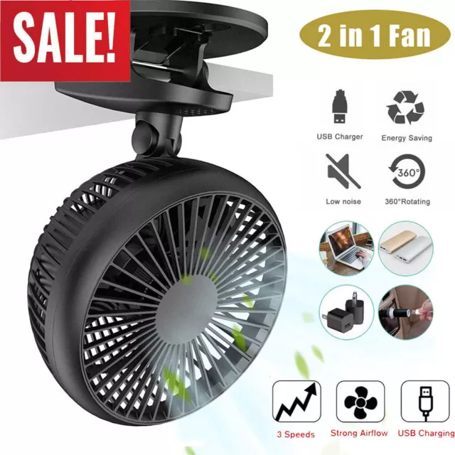 Portable Clip on Fan USB Rechargeable 3 Speeds Table Desk Air Cooling Small Fans