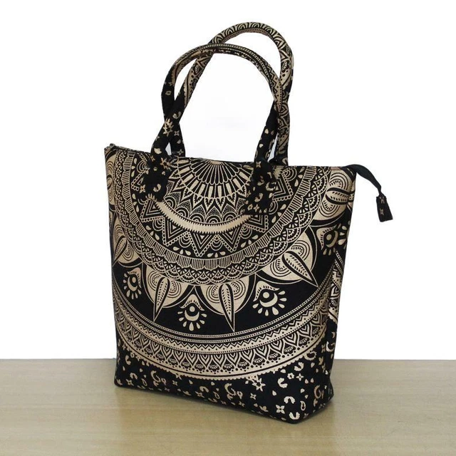 Doré Noir Imprimé Floral Coton Sac à Main Hippie Sac Plage Serviette Sac Couette