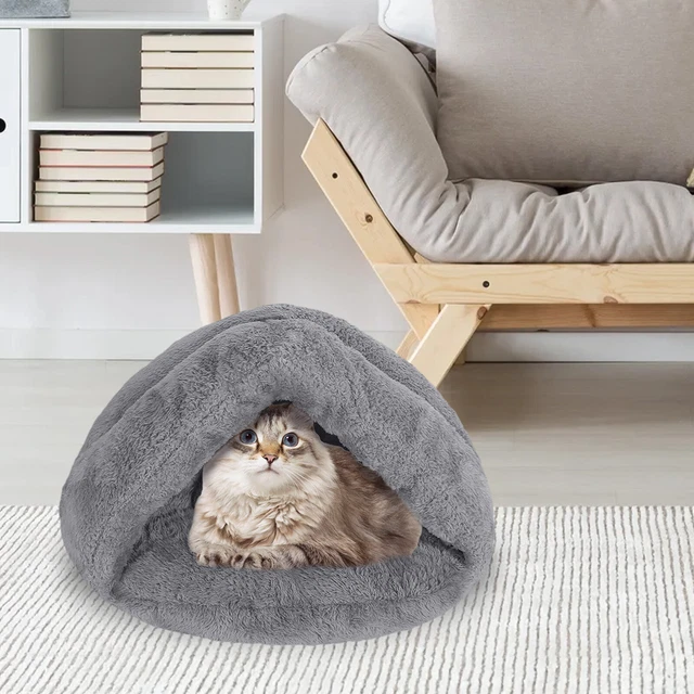 Cat Bed Cave Round Plush Fluffy Hooded Cat Bed Self Warming Pet Small Dog Bed