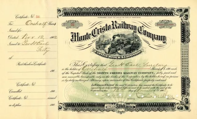 Monte Cristo Railway Co. signed by C.S. Mellen and issued to and signed by Geo.