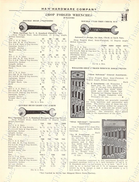 Vtg Paper Ad 20s Hardware Williams Drop Forged Wrenches Bonney Ford Owners Sets
