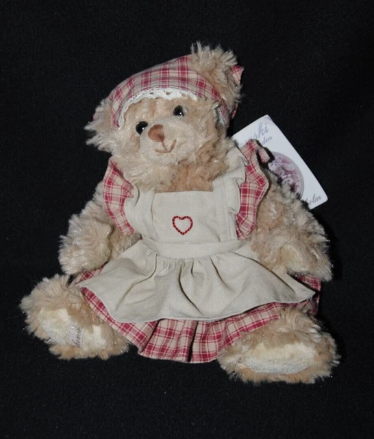 Peluche doudou ours beige BUKOWSKI robe tablier fichu cœur 17 cm assis 100% NEUF