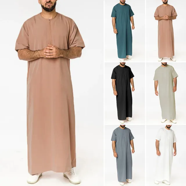New Men Muslim Clothing Thobe Saudi Arab Short Sleeve Islamic Jubba Kaftan Tunic