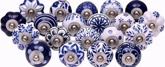 Indian Wholesale 20 Pc Mix Blue White Ceramic Door Knobs Assorted Pull Ethnic