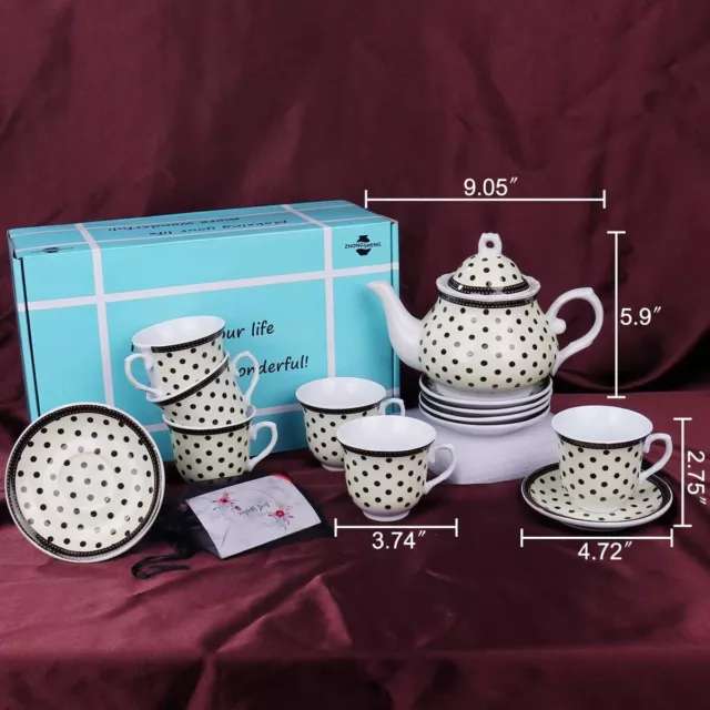 NEW Porcelain Tea Set, 13-Piece Black Polka-Dot Teapot with 6 Cups and Saucers