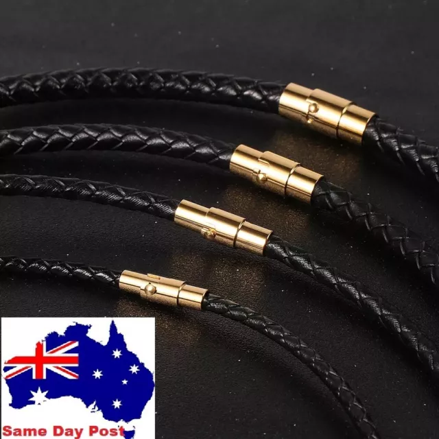 Genuine Leather Black Cord Necklace Round Rope String Gold or Silver For Men Boy