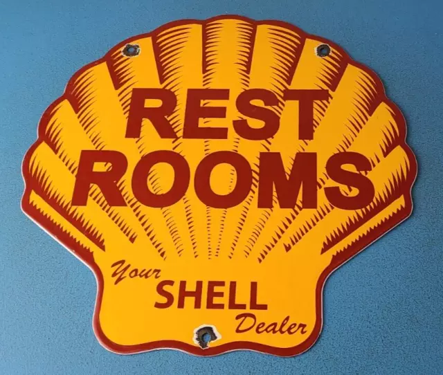 Vintage Shell Gasoline Sign - Rest Rooms Sign - Porcelain Gas Pump Plate Sign