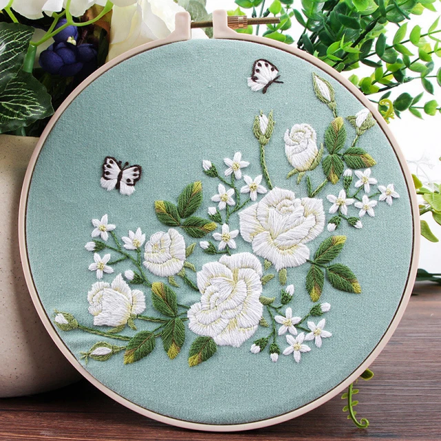 Artesanía Con Rosas Blancas Juego Herramientas Bordado Kits Bordado Rosa Blanca