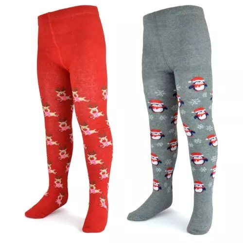 Kids Girls Cotton Rich Christmas Tights Novelty Xmas Penguin & Reindeer Tights