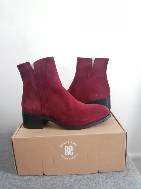 Bottines 39, cuir, velour burgundi, couleur bordeaux, neuves, made in Potugal