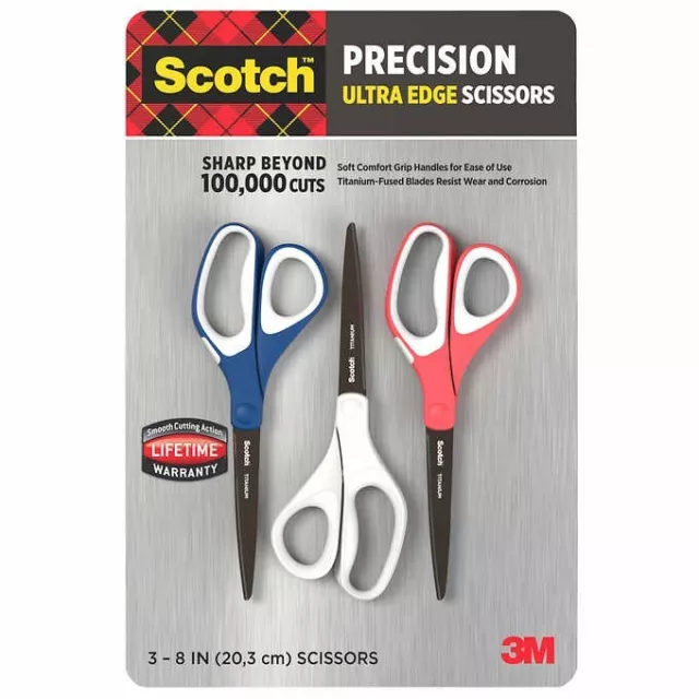 Scotch Scissors 3M 8inch Precision Ultra Edge Titanium Blades Soft Grip 1-3 pack