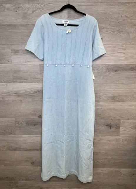 VTG Teddi Chambray Women's Maxi Dress Short Sleeve Button Tie Waist Blue Size XL