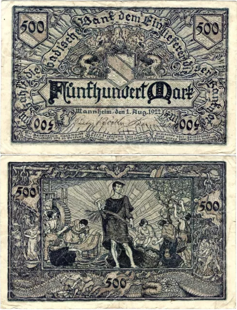 Banknote 500 Mark 1922 Mannheim Badische Bank BAD-7b Ro.710 P-S909