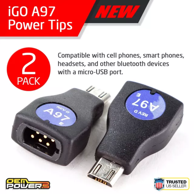 2 X iGo Charger Power Tip A97 Adapter for Micro USB Devices Tablets Cell Phones