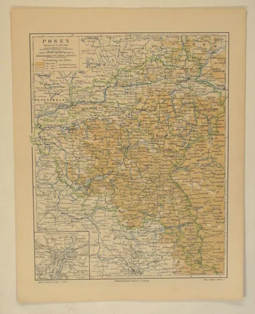 Provinz POSEN Polen Original Landkarte um 1895 Westpreußen BROMBERG Hohensalza