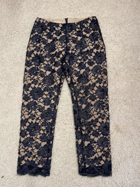 NWT Michael Kors Collection Navy Blue Floral Lace Lined Crop Skinny Pants Sz 8