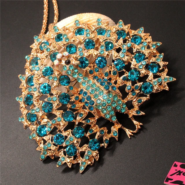 New Blue Crystal Bling Peacock Animal Pendant Betsey Johnson Chain Necklace