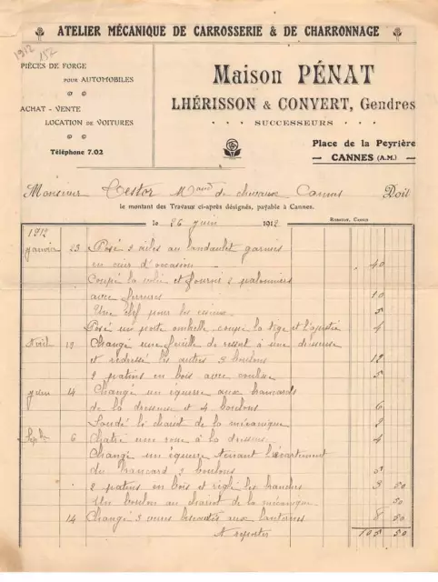 Facture.AM20971.Cannes.1912.Maison Pénat.Lhérisson & Convert.Atelier mécani