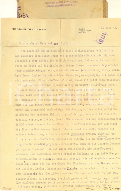 1943 BONN FILOSOFO Erich ROTHACKER - Lettera a un collega ...