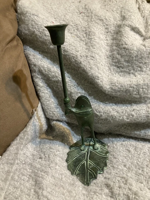 VTG Frog Cast Metal Standing Green Leaf Candle Holder Taper 12”