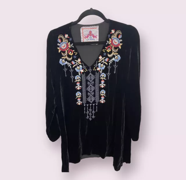 Johnny Was Elise Black Velvet Floral Embroidered Tunic Top Sz:S