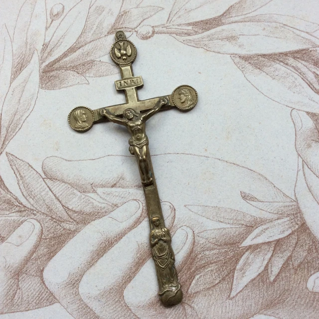 Pendentif Croix En Laiton Doré, Violet Et Bleu Métallisé, 8 Cm, Thème Religion, N°2650