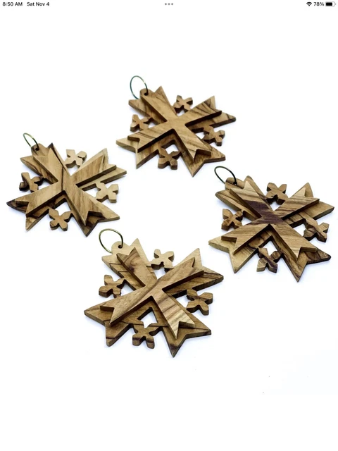 New Blessed Jerusalem Cross Olive Wood Christmas Ornament Hand Crafted Lot 4 HTF