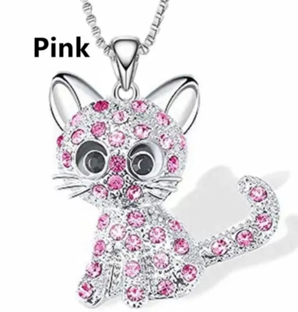 To My Daughter Cute Silver Cat Pink Crystal Pendant Necklace Love Birthday Gift