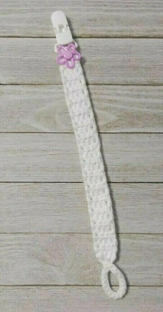 Baby crochet pacifier clip dummy holder strap white flower handmade new