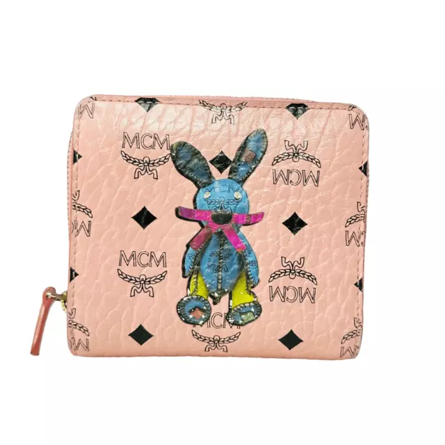 Mcm Visetos Pink Leather Rabbit Zip Around Wallet Limited Edition