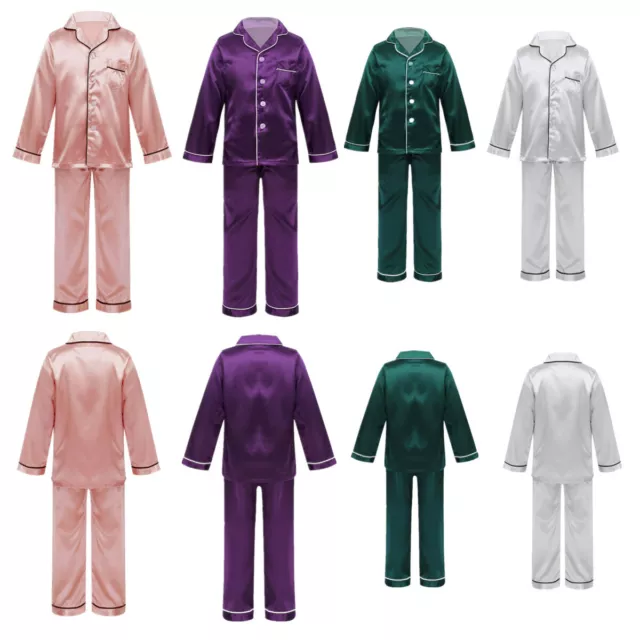 Girls Boys Solid Satin Pajamas Pyjamas Kids Sleepwear Sets Long Sleeve Nightwear