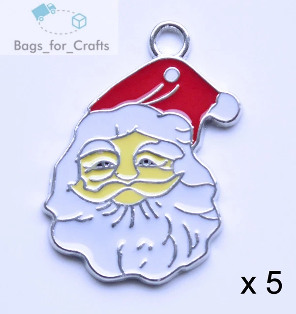 5 x Enamel Santa Head Charms Pendants Father Christmas Xmas 34mm Silver (EC1)