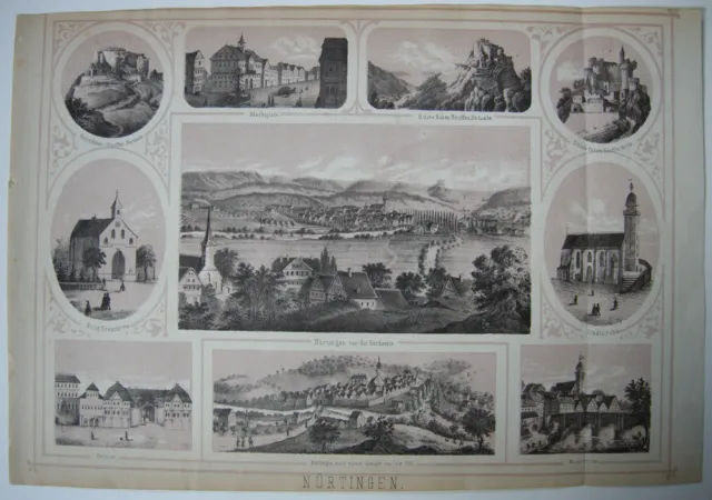 Nürtingen Souvenirblatt Gesamtansicht 9 Teilansichten Orig Lithografie 1869