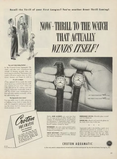 1946 Croton Aquamatic Now-Thrill The Watch That Actually Winds Itself Print Ad