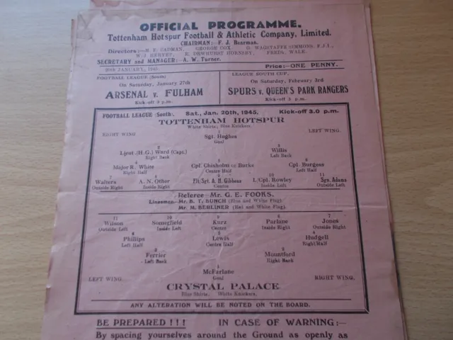 Tottenham v Crystal Palace programme dated 20-1-1945   (ToT022)