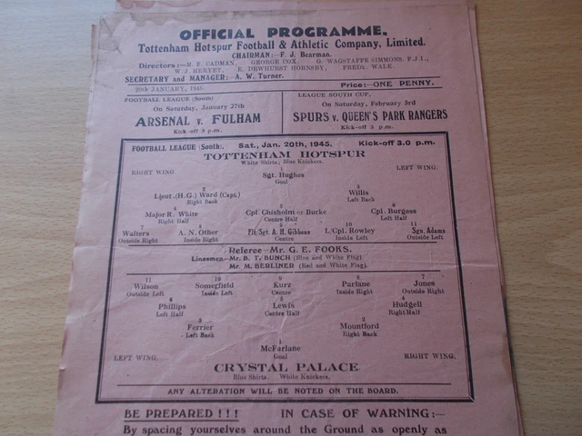 Tottenham v Crystal Palace programme dated 20-1-1945   (ToT022)