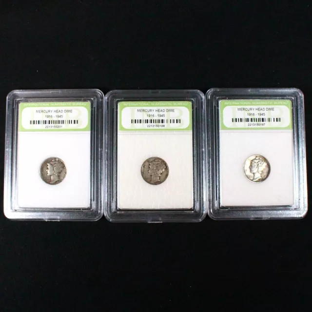 Lot of Three Slabbed U.S. Mercury Dimes - 90% Silver 14a