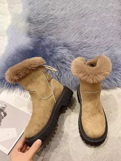 Bottines Bottes Chaussures Femme Beige Neige Fourrure Cuir Synthetique CZ337